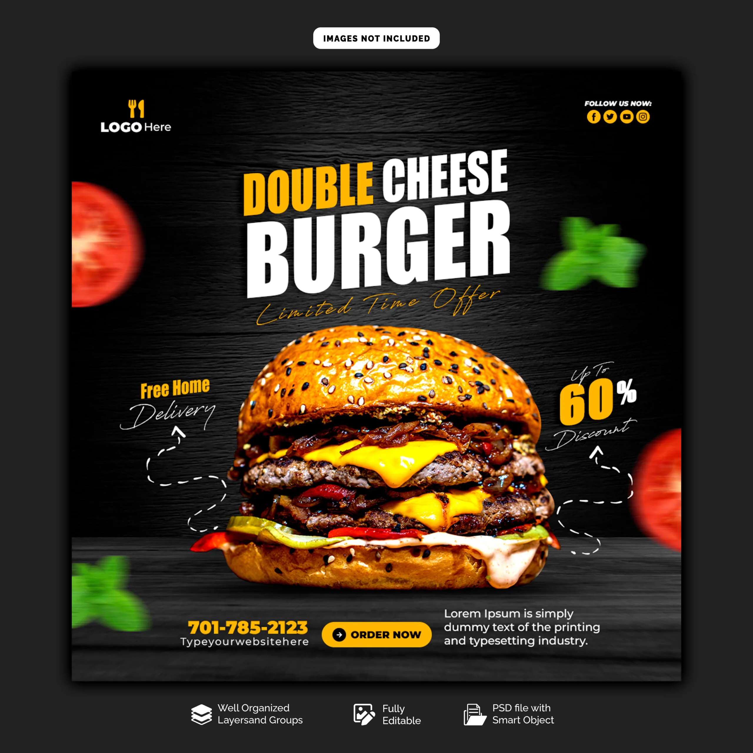 Delicious Burger Food Menu Social Media Banner Instagram Post Template