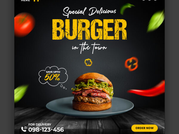 Delicious Burger Food Social Media Promotion Instagram Banner Post Design Template