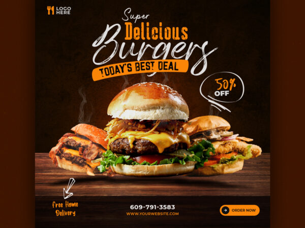 Food Menu Delicious Burger Social Media Banner Template