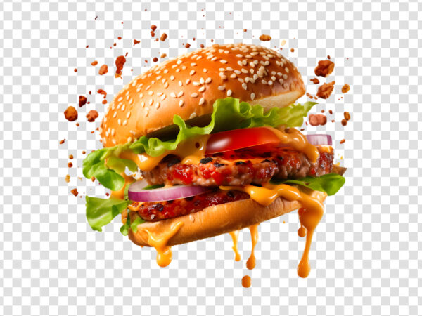 Fresh Delicious Flying Burger With Cheese Tomato Sauce Lettuce Transparent Background