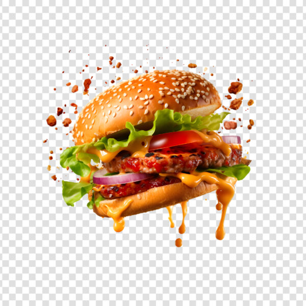 Fresh Delicious Flying Burger With Cheese Tomato Sauce Lettuce Transparent Background