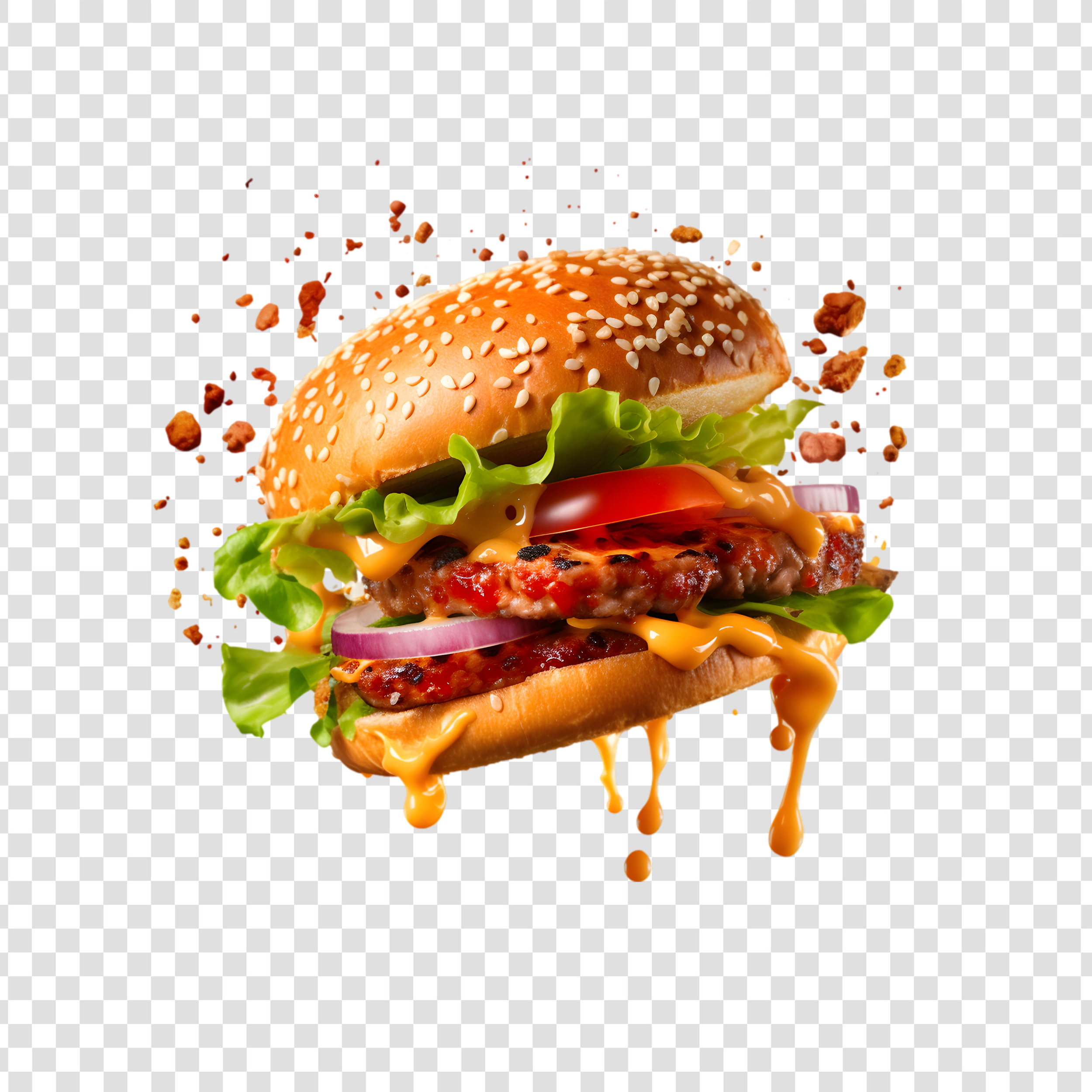 Fresh Delicious Flying Burger With Cheese Tomato Sauce Lettuce Transparent Background