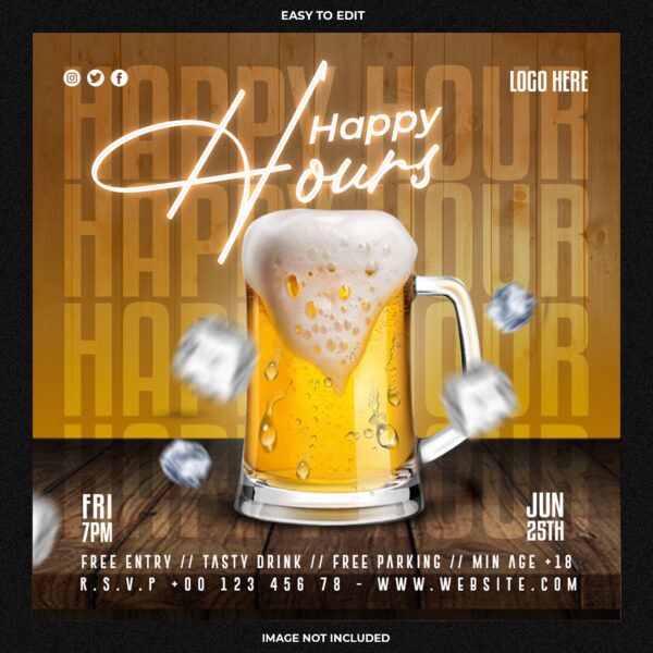 Happy Hours Restaurant Cafe Bar Social Media Post Flyer Promotion Template