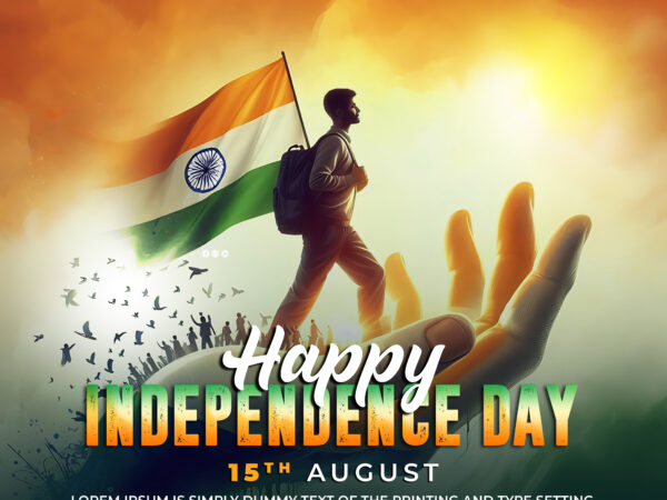 Poster Independence Day Shows Man With Backpack Flag With Words Independence Day