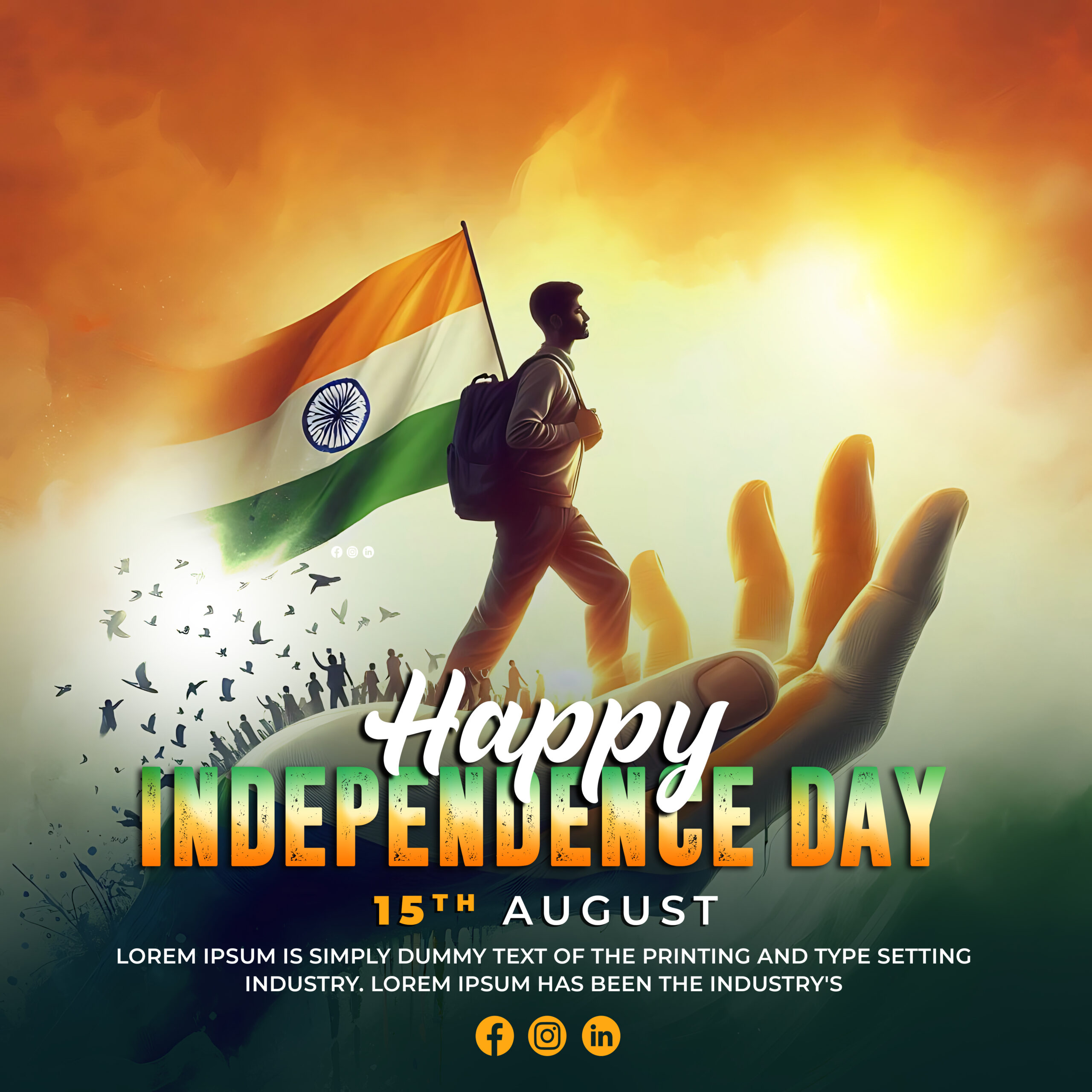 Poster Independence Day Shows Man With Backpack Flag With Words Independence Day