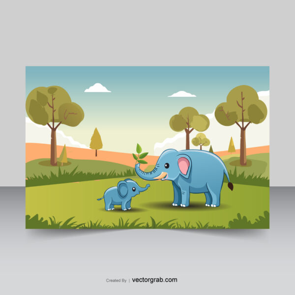 Cartoon baby and mother elephant in a nature vector background