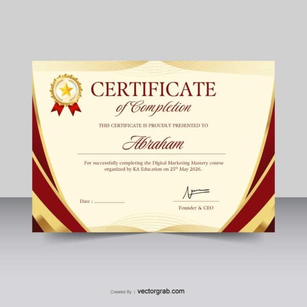 Gold and Maroon Modern Editable Certificate of Completion Template - Canva, SVG, PDF