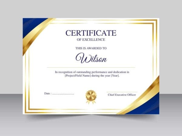 Royal Blue and Gold Certificate of Excellence